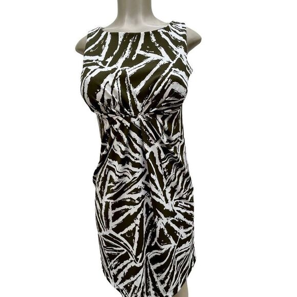 Liz Claiborne Sheath Dress Women's 8P Olive & White Abstract Cinch Waist Popover - Picture 1 of 12
